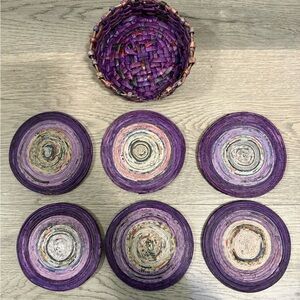 Handcrafted Purple Coaster Set with Woven Basket